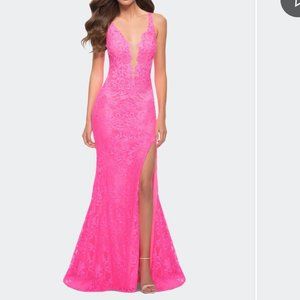 La Femme Stretch Lace Gown with Slit and Open Keyhole Back